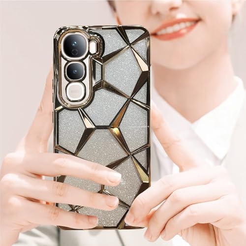 VONZEE Gradient Glitter Case for VIVO Y400, Luxury Electroplated 3D Cube, Diamond Bling Shiny Soft TPU Clear Shockproof Women Girls Protective Phone Cover (Gold) - Image 1