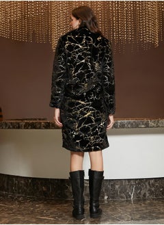 Campus Sutra Women's Onyx Black Metallic-Veined Fur Long Coat  - Image 5