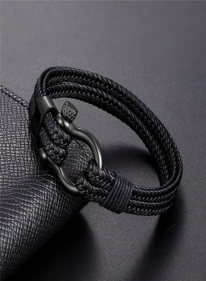 THE MEN THING HORSESHOE BUCKLE BLACK - Genuine Leather Braided Bracelet with Stainless Steel Adjustable Clasp Pin for Men & Boys (8 inch) - Image 4