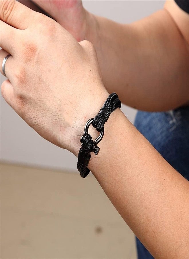 THE MEN THING HORSESHOE BUCKLE BLACK - Genuine Leather Braided Bracelet with Stainless Steel Adjustable Clasp Pin for Men & Boys (8 inch) - Image 2