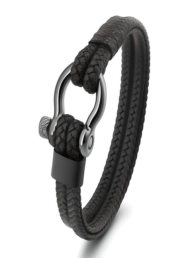 THE MEN THING HORSESHOE BUCKLE BLACK - Genuine Leather Braided Bracelet with Stainless Steel Adjustable Clasp Pin for Men & Boys (8 inch) - Image 1