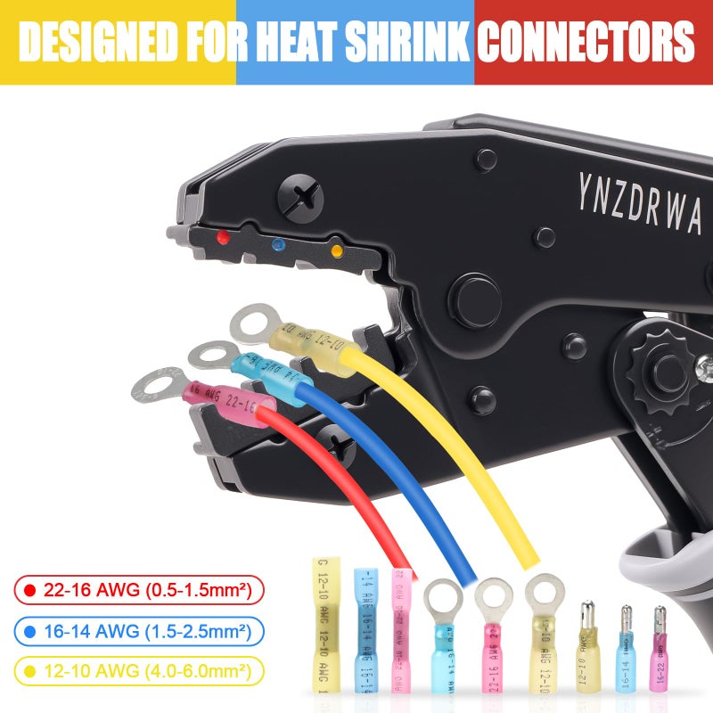 YNZDRWA Crimping Tool for Heat Shrink Connectors, Upgraded Wire Crimper Tool, Ratcheting Wire Terminal Crimper - Crimping Pliers - Ratchet Terminal Crimper for 10 to 22 AWG Wire - Image 2