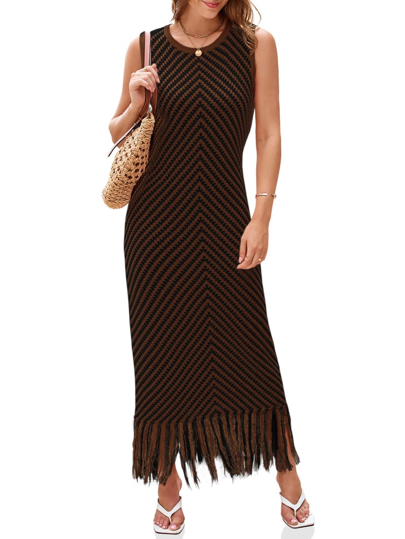 Wenrine Womens Summer Crochet Knit Dress Sleeveless Casual Striped Tassel Tank Sweater Boho Maxi Dresses Dark Brown - Image 1