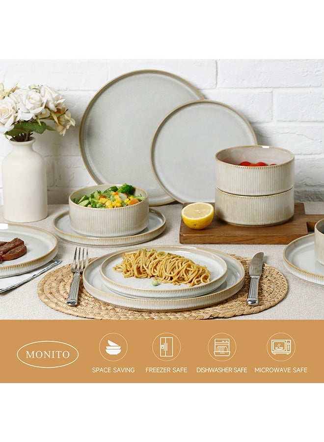 MONITO 12 Piece Stoneware Dinner Set, 4x25.6cm Dinner Plates, 4x20cm Salad Plates, 4x14cm Bowls, Modern Design in Glossy Finish, Microwave & Dishwasher Safe - Bonbon Beige  - Image 4