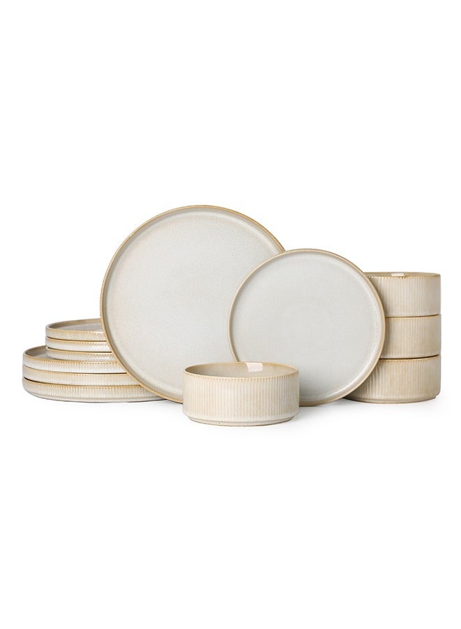 MONITO 12 Piece Stoneware Dinner Set, 4x25.6cm Dinner Plates, 4x20cm Salad Plates, 4x14cm Bowls, Modern Design in Glossy Finish, Microwave & Dishwasher Safe - Bonbon Beige  - Image 1