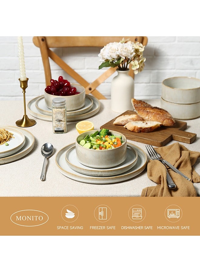 MONITO 12 Piece Stoneware Dinner Set, 4x25.6cm Dinner Plates, 4x20cm Salad Plates, 4x14cm Bowls, Modern Design in Glossy Finish, Microwave & Dishwasher Safe - Bonbon Beige  - Image 2