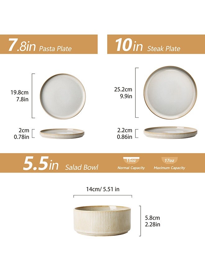 MONITO 12 Piece Stoneware Dinner Set, 4x25.6cm Dinner Plates, 4x20cm Salad Plates, 4x14cm Bowls, Modern Design in Glossy Finish, Microwave & Dishwasher Safe - Bonbon Beige  - Image 3