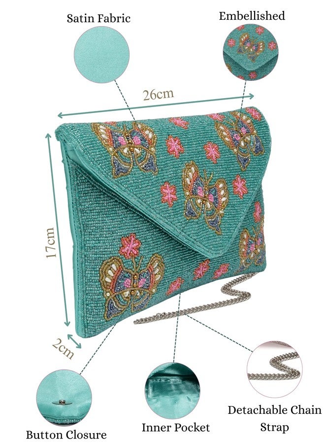 Anekaant Boho Turquoise & Multi Quirky Embellished Satin Sling Bag - Image 4