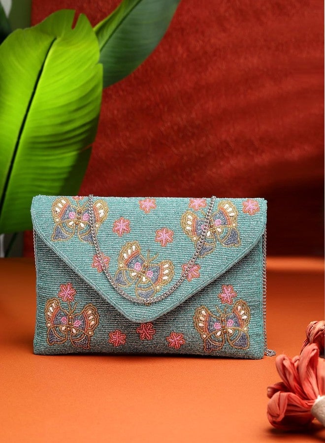 Anekaant Boho Turquoise & Multi Quirky Embellished Satin Sling Bag - Image 2