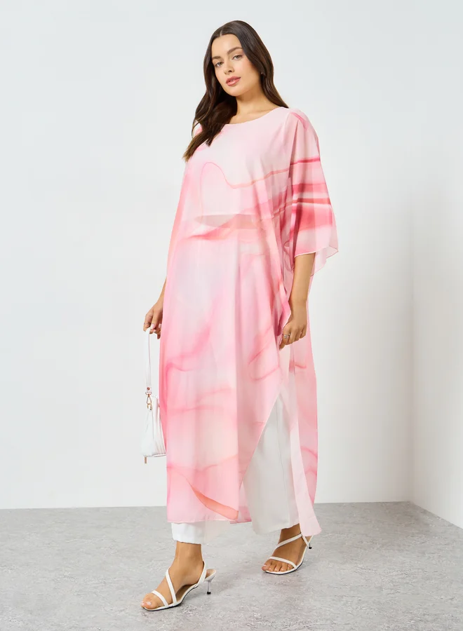Take Two Pink Marble Print Side Slit Dress with Wide Leg Pants Co-Ords