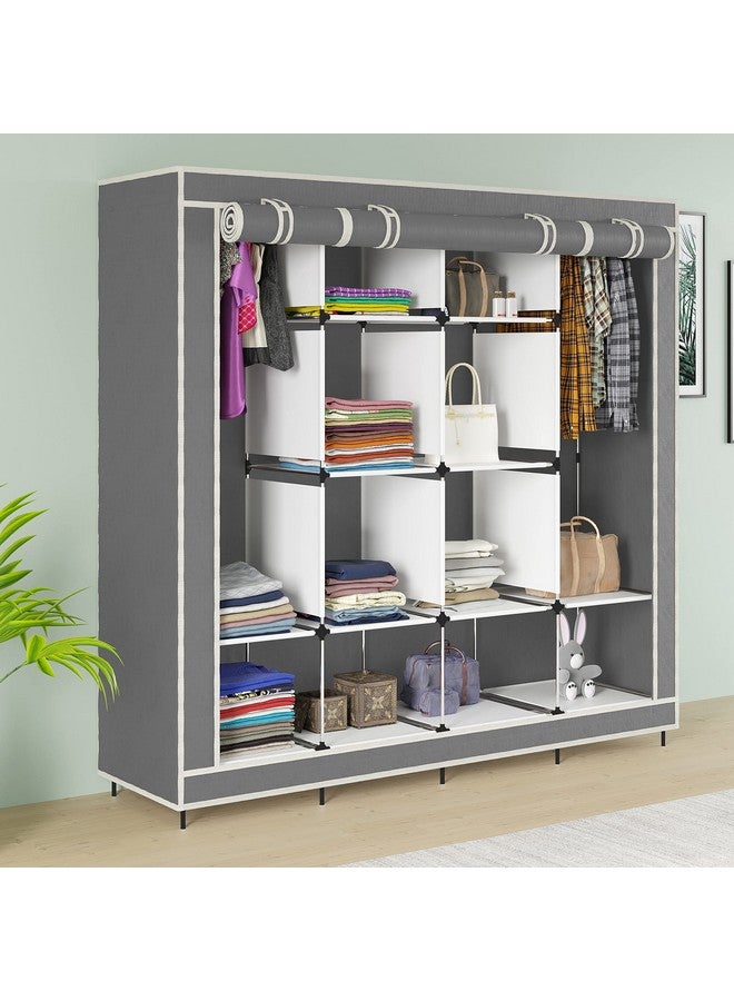 GTC Non Woven Fabric Collapsible Wardrobe 12 Shelves Storage Unit Almari Closet Clothes Storage Rack Quick And Easy To Assemble (88170) (165.50X42.50X166, Grey) - Image 1
