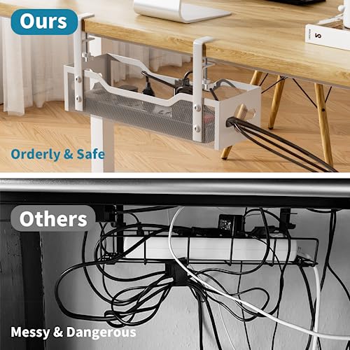 Litwaro Under Desk Cable Management Tray No Drill, 13.38'' Metal Tray with Clamp for Wire Management, Litwaro Cord Organizer Home Office Damage to Standing Desk, White - Image 4