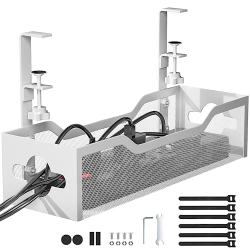 Litwaro Under Desk Cable Management Tray No Drill, 13.38'' Metal Tray with Clamp for Wire Management, Litwaro Cord Organizer Home Office Damage to Standing Desk, White - Image 1