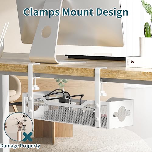 Litwaro Under Desk Cable Management Tray No Drill, 13.38'' Metal Tray with Clamp for Wire Management, Litwaro Cord Organizer Home Office Damage to Standing Desk, White - Image 2