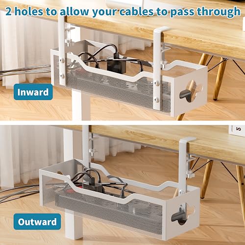 Litwaro Under Desk Cable Management Tray No Drill, 13.38'' Metal Tray with Clamp for Wire Management, Litwaro Cord Organizer Home Office Damage to Standing Desk, White - Image 5