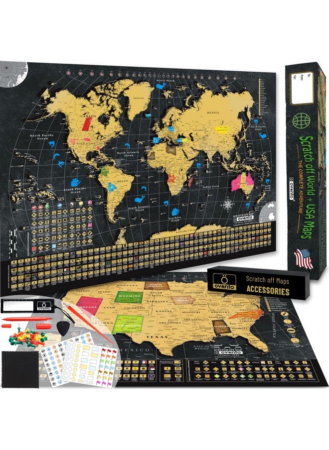 OVANTO Scratch Off World Map & Us Map-Durable 17X24” United States Map & World Travel Map With Pins & Accessory Set-Easy To Scratch Off Maps With Colored Details In Name-Tagged Gift Box For Travelers  - Image 1