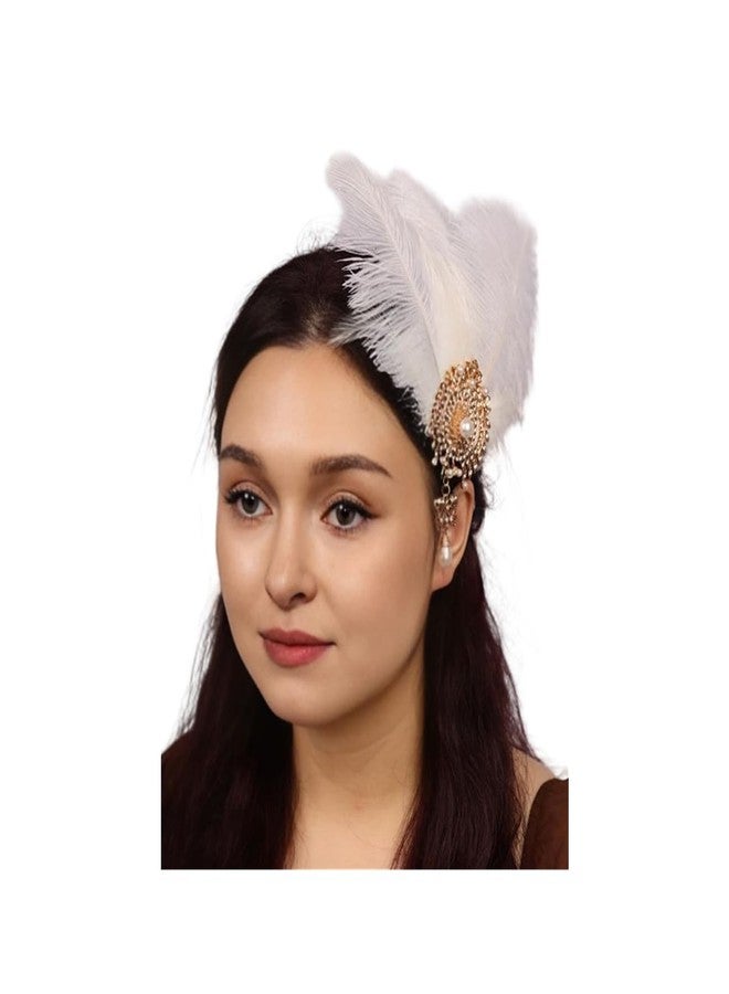 Aimimier Bridal 1920s Flapper White Feather Clip with Crystal Brooch Bow Pendant Roaring 20s Feather Headpiece Prom Party Festival Hair Accessories for Women - Image 1