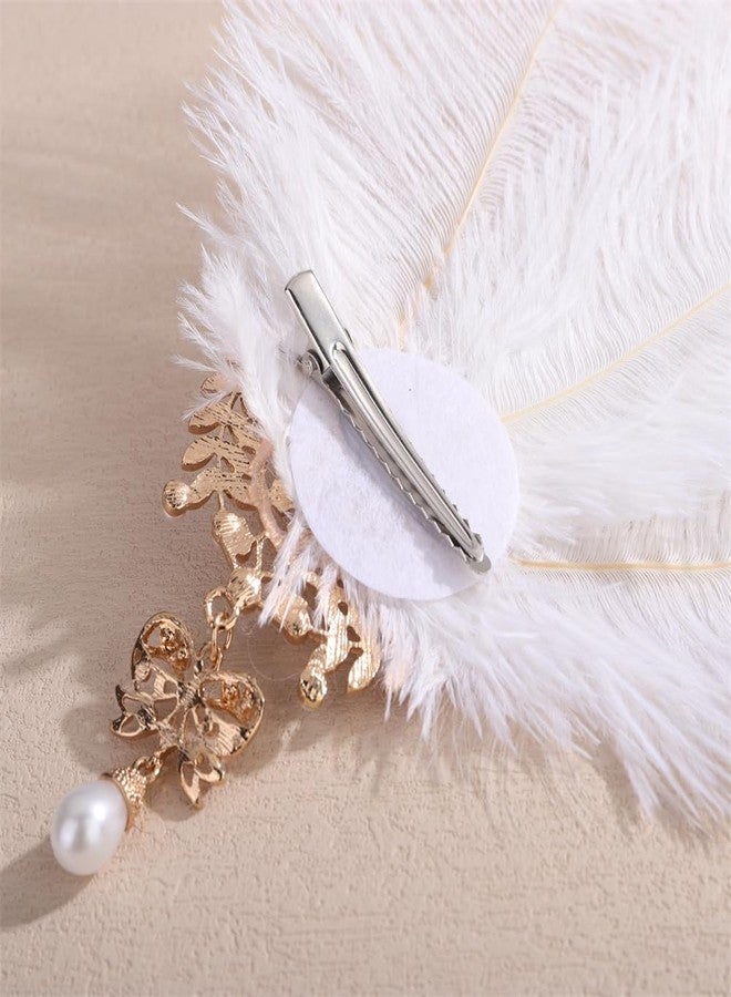 Aimimier Bridal 1920s Flapper White Feather Clip with Crystal Brooch Bow Pendant Roaring 20s Feather Headpiece Prom Party Festival Hair Accessories for Women - Image 5