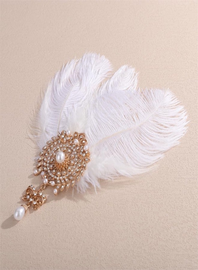 Aimimier Bridal 1920s Flapper White Feather Clip with Crystal Brooch Bow Pendant Roaring 20s Feather Headpiece Prom Party Festival Hair Accessories for Women - Image 3