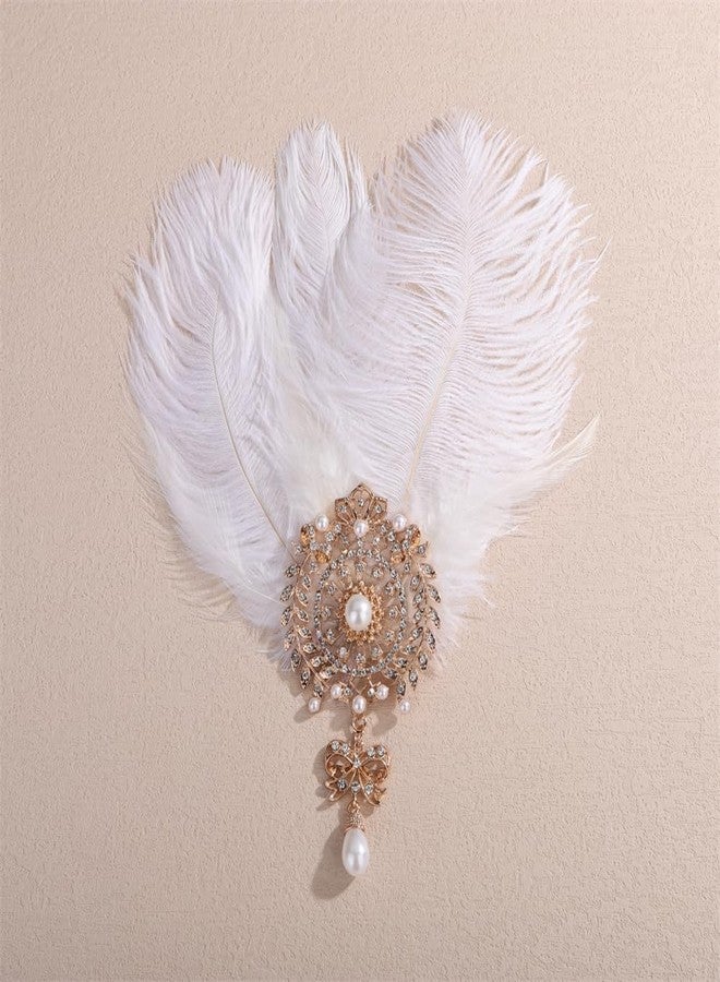 Aimimier Bridal 1920s Flapper White Feather Clip with Crystal Brooch Bow Pendant Roaring 20s Feather Headpiece Prom Party Festival Hair Accessories for Women - Image 2