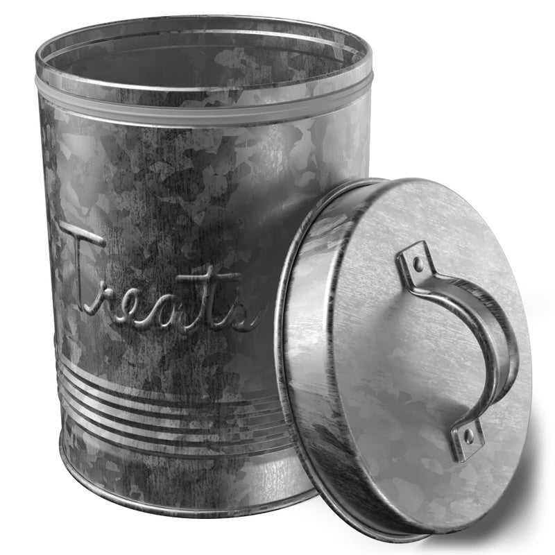 Amici Home Amici Pet  Retro Treats Galvanized Relief Lettering Metal Storage Canister Food Safe Push Top 72 Ounces