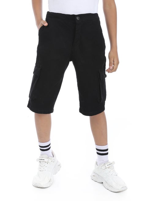 Double Closure Gabardine Boys Cargo Shorts _ Black