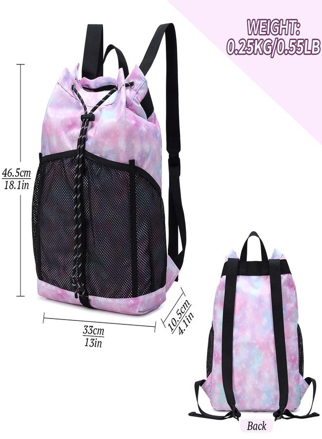 Lohol Lightweight Drawstring Backpack with Mesh Pockets for Women Men, Water Resistant String Bag for Sports Beach Swimming Camp Travel (Pink Galaxy) - Image 2