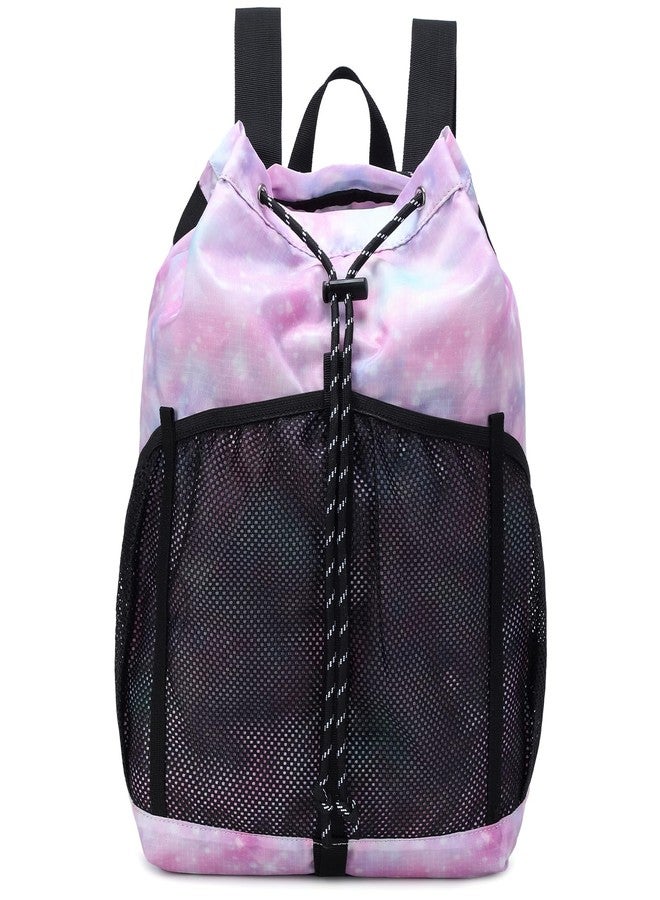 Lohol Lightweight Drawstring Backpack with Mesh Pockets for Women Men, Water Resistant String Bag for Sports Beach Swimming Camp Travel (Pink Galaxy) - Image 1