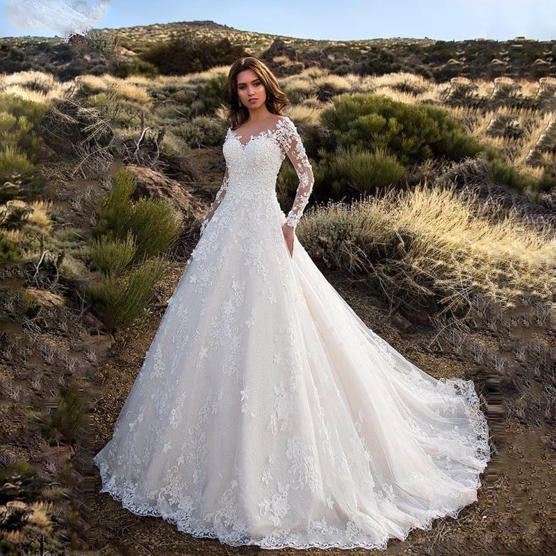 European American Style Womens White Dress Lace Embroidered Evening Dress 3/4 Sleeves Off-shoulder Bridal Gown Long White 