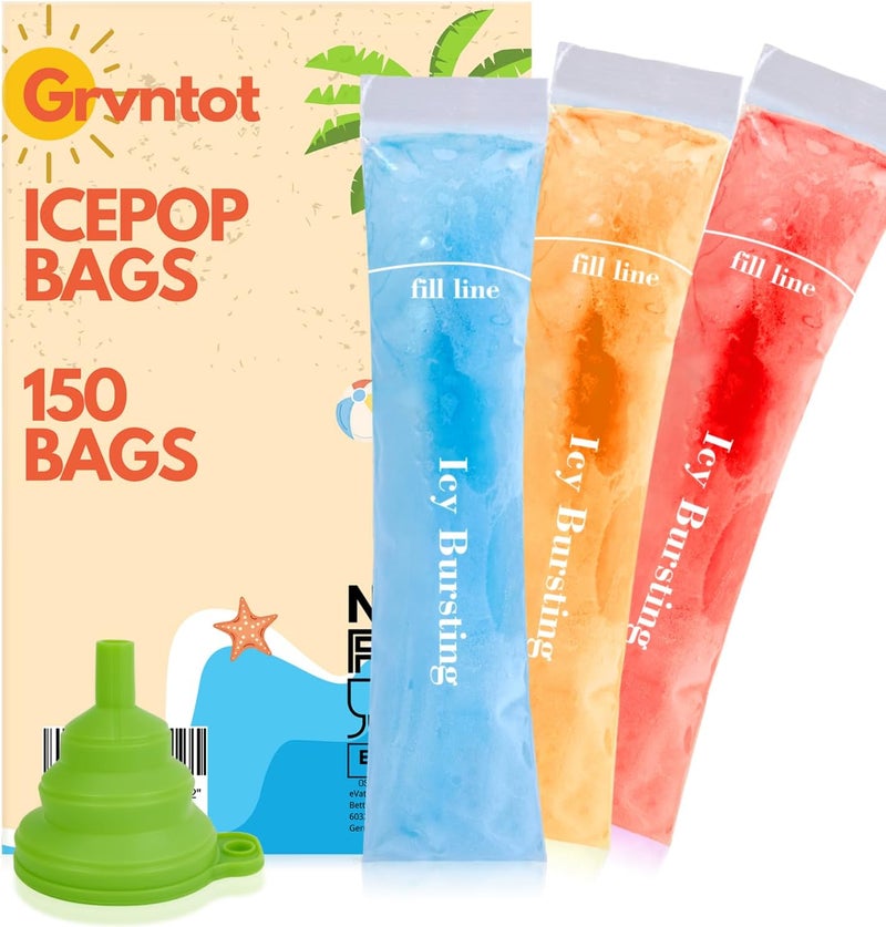 Grvntot 150 Disposable Ice Popsicle Mold Bags (8x2") for DIY Natural Fruit Snacks, Juice & Smoothies, Ice Pops Molds | BPA-Free, Zip Seals, Funnel Included - Image 1