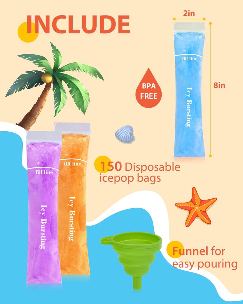 Grvntot 150 Disposable Ice Popsicle Mold Bags (8x2") for DIY Natural Fruit Snacks, Juice & Smoothies, Ice Pops Molds | BPA-Free, Zip Seals, Funnel Included - Image 2