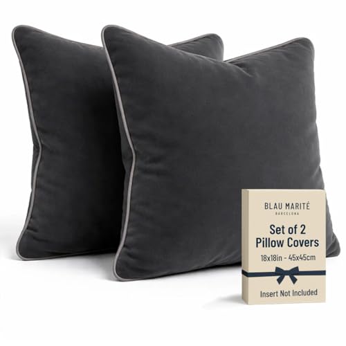 Blau Marité 2 Pack Velvet Decorative Throw Pillow Covers, 18"x18", Deep Grey, Solid, Modern, Contrast Piping, Indoor Use, Bedroom & Living Room - Image 1