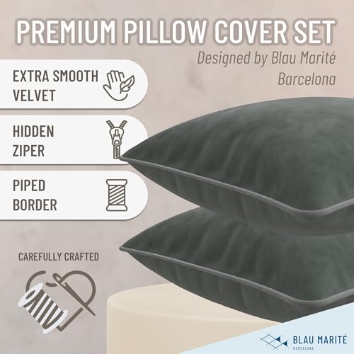 Blau Marité 2 Pack Velvet Decorative Throw Pillow Covers, 18"x18", Deep Grey, Solid, Modern, Contrast Piping, Indoor Use, Bedroom & Living Room - Image 2