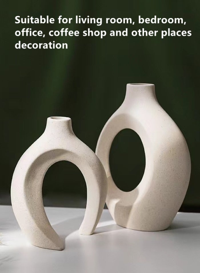 Kutis طقم من قطعتين مزهرية زهور خزفية تصميم هندسي إبداعي خزف أبيض مائل إلى البيج - Image 4