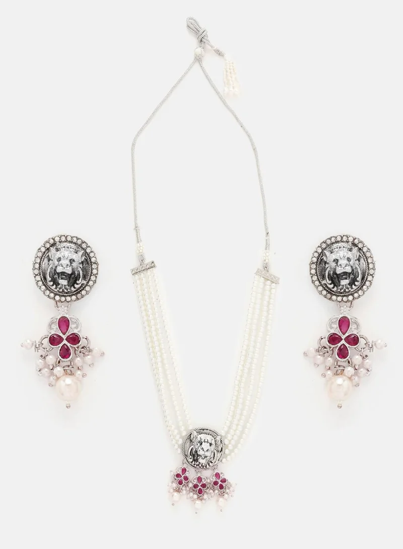 Priyaasi Sliver-Plated Stones Studded  Pearl Beaded Lion Face Oxidised Jewellery Set