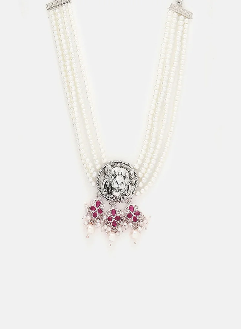 Priyaasi Sliver-Plated Stones Studded  Pearl Beaded Lion Face Oxidised Jewellery Set