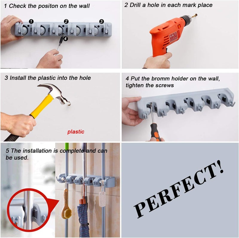 HYRIXDIRECT Broom Holder Wall Mount Broom Organizer Mop Holder Hanger Garden Tool Organizers Storage Rack Garage Laundry Room Organizations and Storage with Hooks Heavy Duty - Image 3