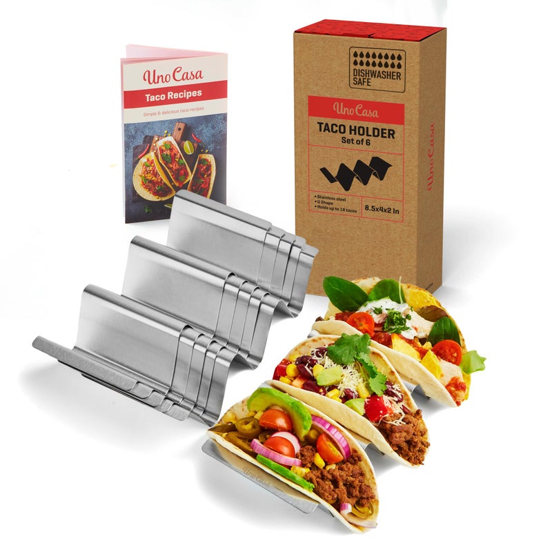 Uno Casa Metal Taco Holder Set of 6 UShaped Taco Holders for Griddle Stainless Steel Dishwasher Safe Suitable for Oven Perfect for Party Fun Gatherings Recipe Book Included