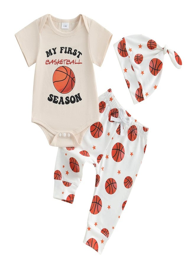 Mobbdow My First Basketball Season Baby Boy Outfit Newborn Short Sleeve Romper Basketball Long Pants Hat 3Pcs Outfits Sets (A-Beige, 0-3 Months) - Image 1