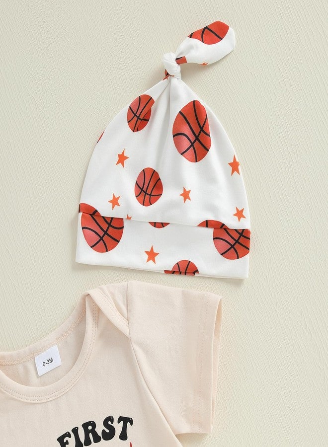 Mobbdow My First Basketball Season Baby Boy Outfit Newborn Short Sleeve Romper Basketball Long Pants Hat 3Pcs Outfits Sets (A-Beige, 0-3 Months) - Image 5