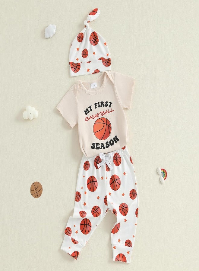 Mobbdow My First Basketball Season Baby Boy Outfit Newborn Short Sleeve Romper Basketball Long Pants Hat 3Pcs Outfits Sets (A-Beige, 0-3 Months) - Image 4