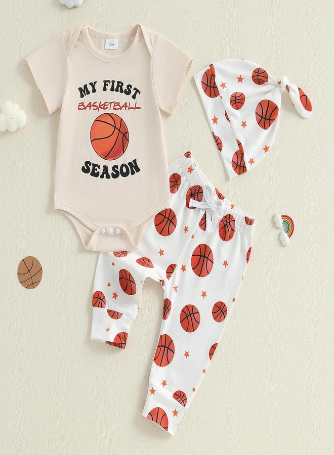 Mobbdow My First Basketball Season Baby Boy Outfit Newborn Short Sleeve Romper Basketball Long Pants Hat 3Pcs Outfits Sets (A-Beige, 0-3 Months) - Image 2