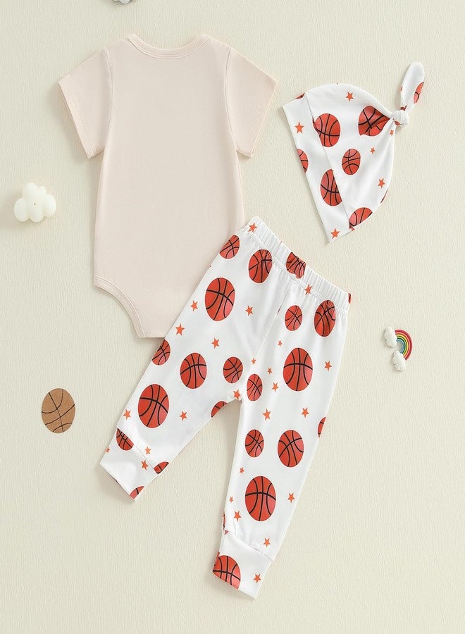 Mobbdow My First Basketball Season Baby Boy Outfit Newborn Short Sleeve Romper Basketball Long Pants Hat 3Pcs Outfits Sets (A-Beige, 0-3 Months) - Image 3