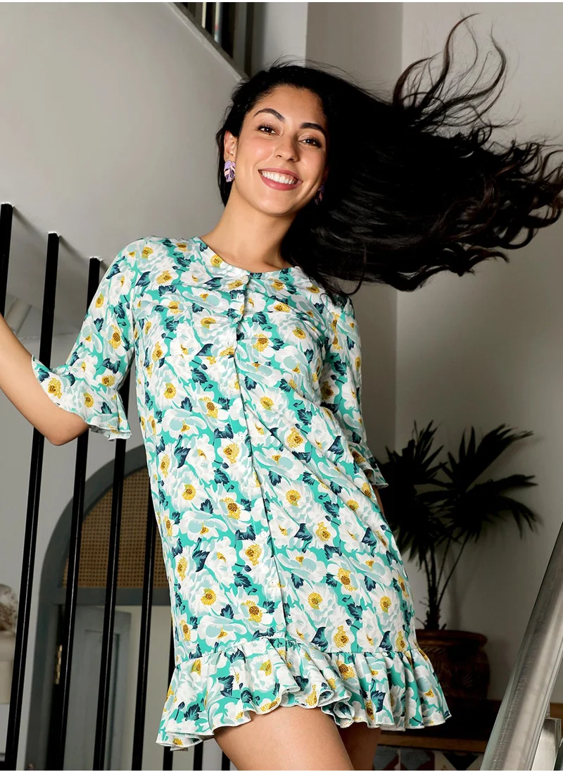 PINACOLADA Women's Mint Green Button-Front Floral Dress