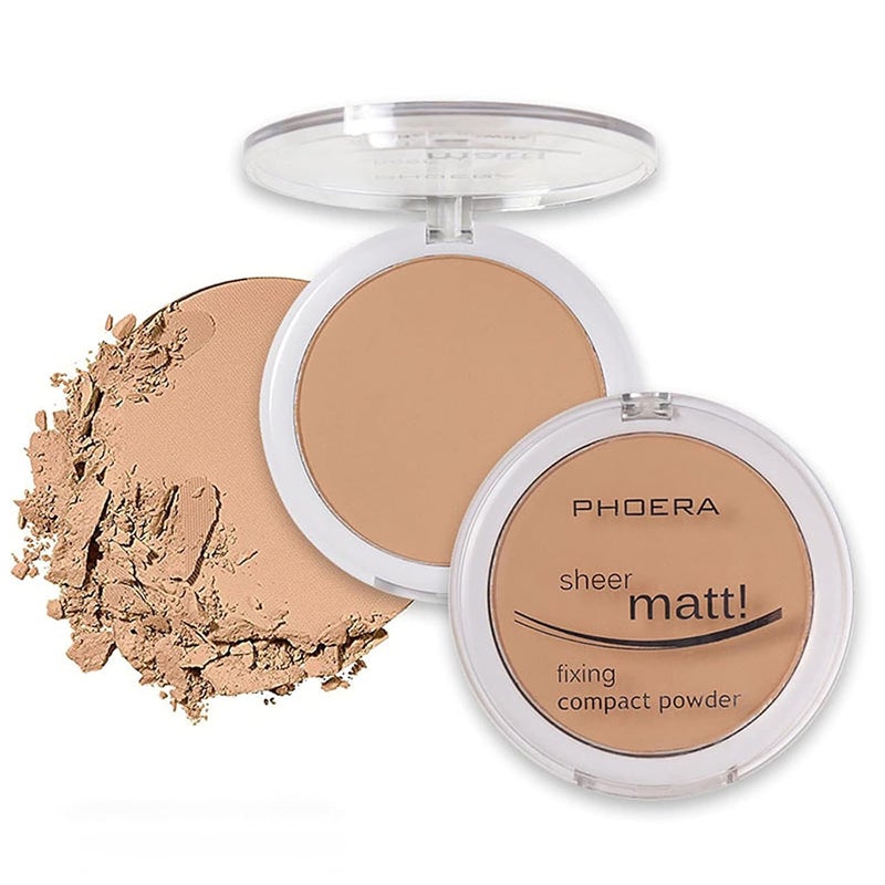AQUAPURITY  PHOERA Sheer Matte Fixing Powder Makeup Base Fixer Setting Powder Foundation Fixing Compact Pressed Powder Long Lasting Make Up Fixer Skin Vitamin E Beauty Blender 204 Buff Beige