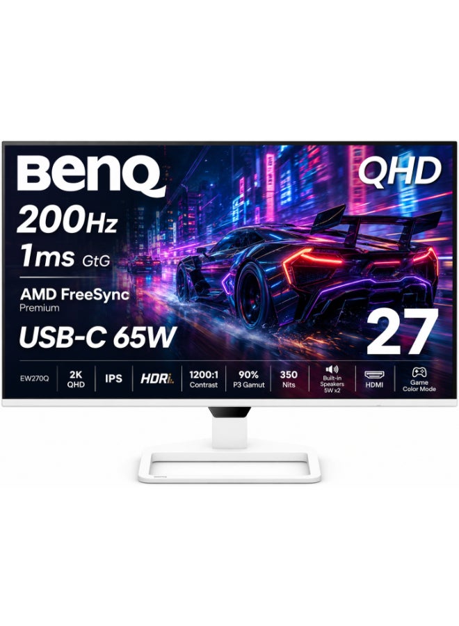 EW270Q 27" 2K QHD 200Hz IPS Gaming Monitor | USB-C (65W) | HDRi | 1200:1 Contrast | 90% P3 Gamut | 350 Nits | Built-in Speakers (5W x2) | AMD FreeSync Premium | HDMI | Game Color Mode white