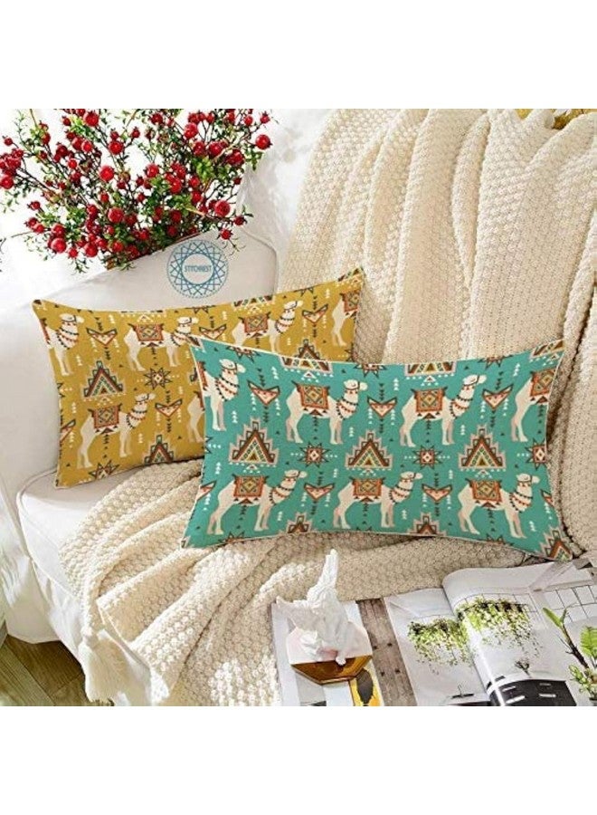 STITCHNEST Set of 2 Polycotton Cushion Covers - 12x18 Inches - Mustard & Teal Tribal Camel Print - Boho Decorative Cushion Covers for Sofa & Home Décor - Image 1