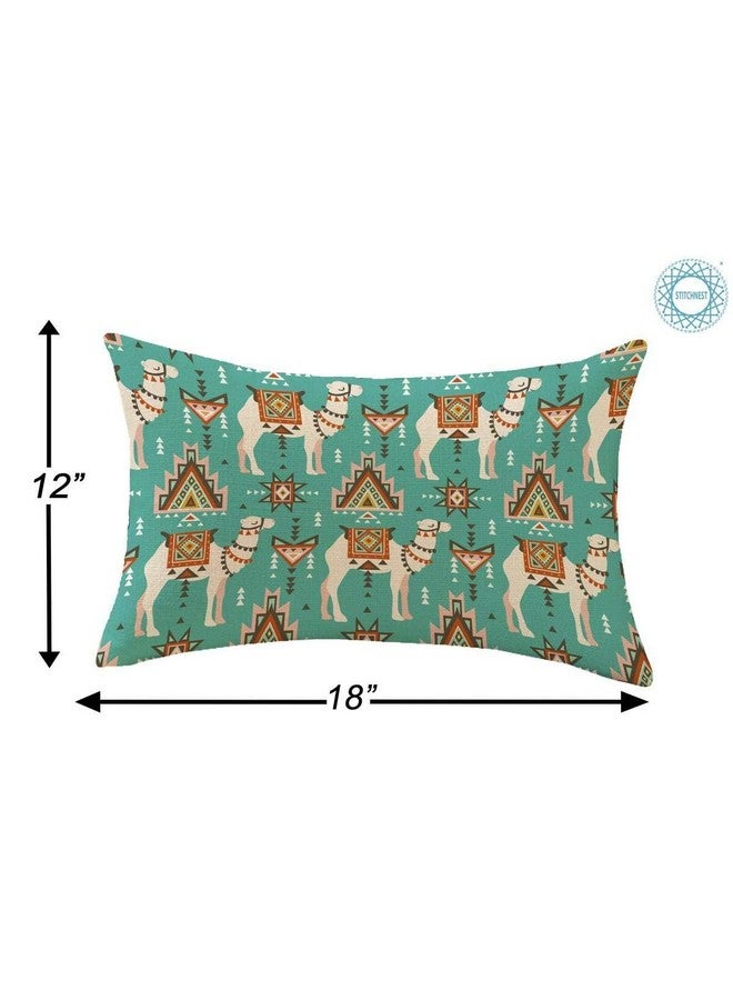 STITCHNEST Set of 2 Polycotton Cushion Covers - 12x18 Inches - Mustard & Teal Tribal Camel Print - Boho Decorative Cushion Covers for Sofa & Home Décor - Image 4