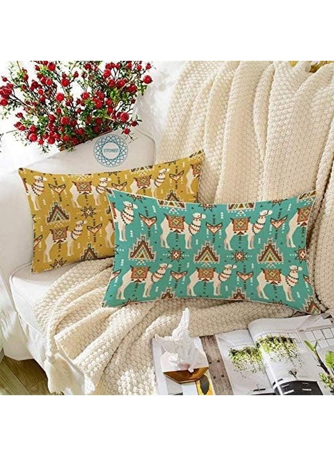 STITCHNEST Set of 2 Polycotton Cushion Covers - 12x18 Inches - Mustard & Teal Tribal Camel Print - Boho Decorative Cushion Covers for Sofa & Home Décor - Image 2