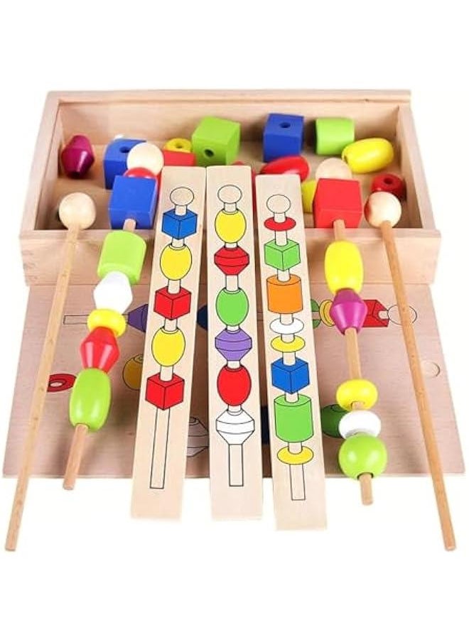HOOKOR - Kids Montessori Bead Sequencing Set, 46 Wooden Beads and 5 Double-Sided Pattern Boards - Color Recognition Toys, Matching Shapes Stacker, Shape Sorter Toys For Kids Ages 3+ - Image 1